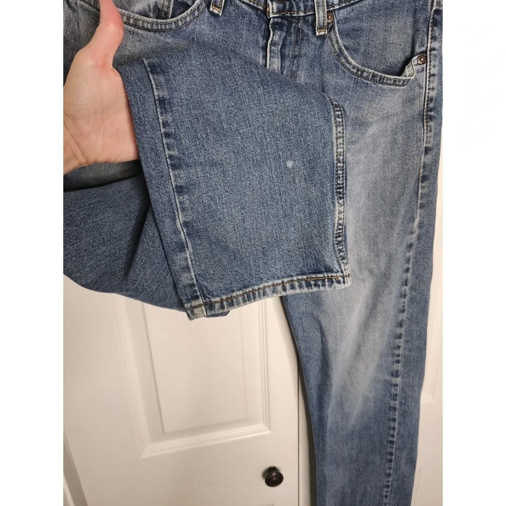 Levis 505 Jeans Mens 34x30 Blue Denim Straight Leg Light Wash Distressed Zip Fly